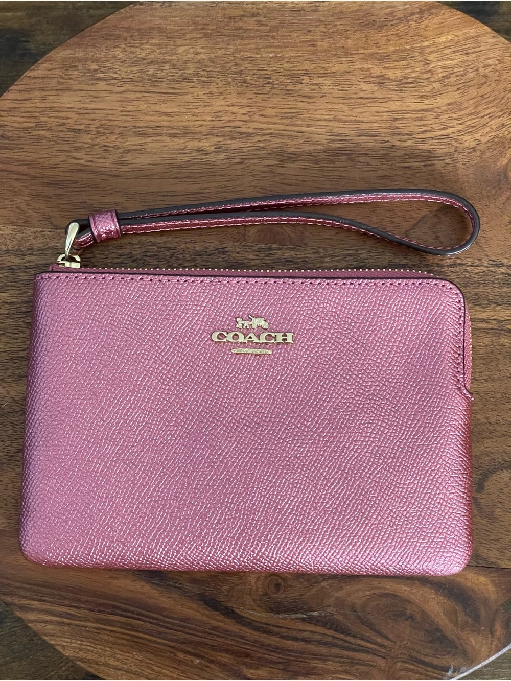 COACH Pink Metallic Leather Corner Zip Wristlet F21070